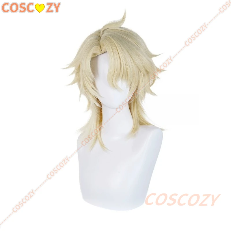 Genshin Impact Varka Cosplay Wig 35cm Blonde Hair Knights of Favonius Mondstadt Halloween Party Wigs for Women Girls Men Boys