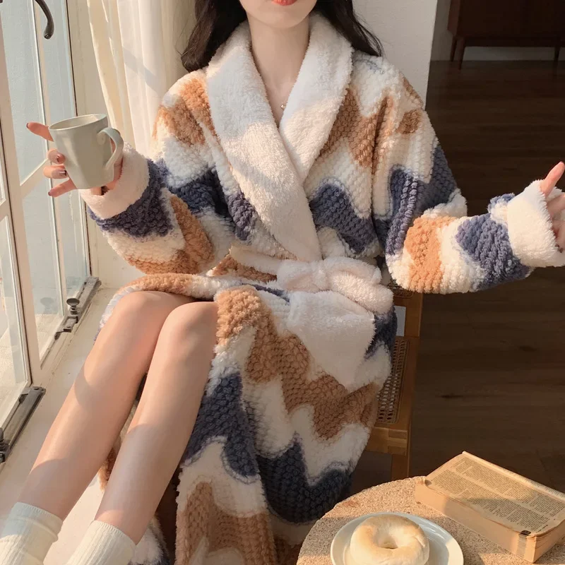 Thicken Kimono Bathrobe Gown Sweet Homewear Winter Flannel Sleepwear Women Warm Robes Long Nightwear Coral Fleece Lounge Wear