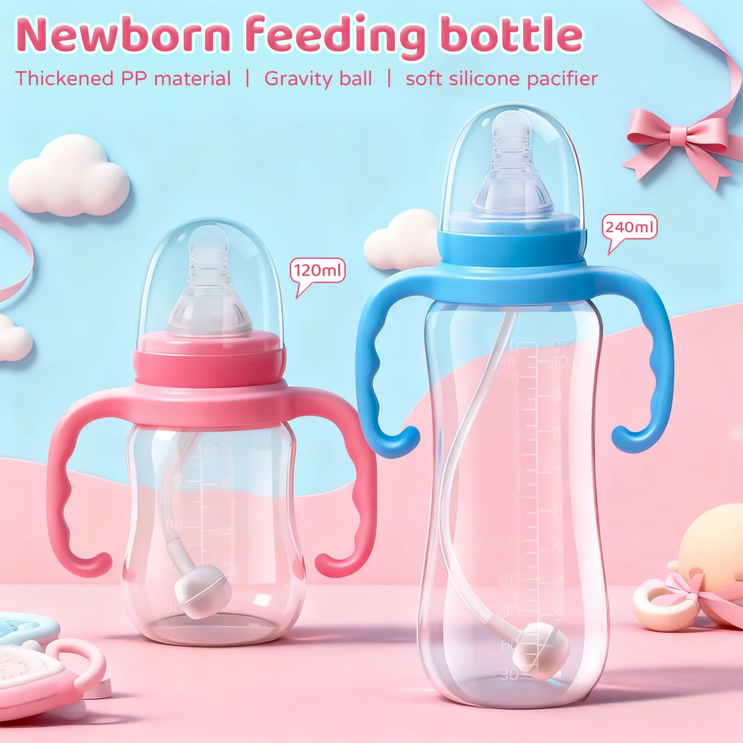 Biberón de 0 a 3 años, biberón de PP grueso de calidad alimentaria, biberón con asa, fácil de sostener, adecuado para niños y niñas