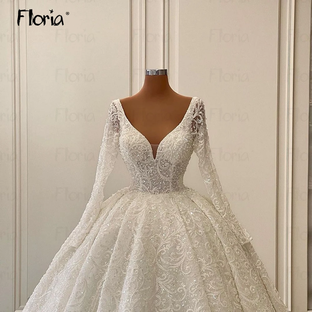 Muslim Long Sleeve Scoop Neck Luxury Wedding Dress 2024 Women Ball Gown Princess Bridal Dresses Dubai Vestido De Casamento