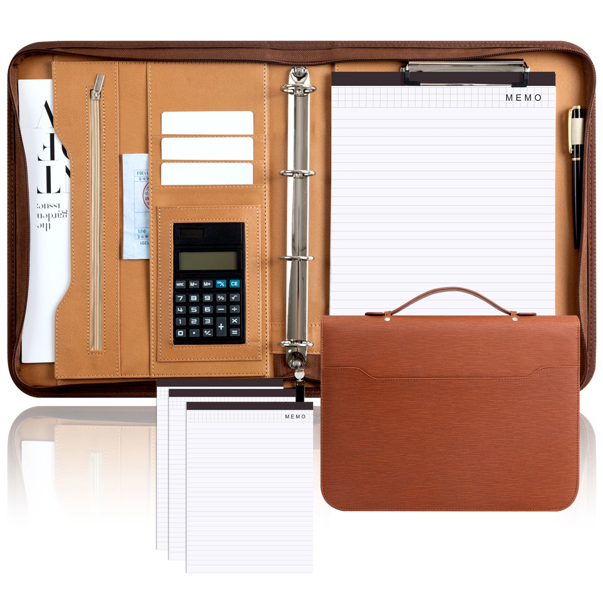 New A4 Portfolio 4 Ring Binder with Zipper, PU Leather Padfolio Document Organizer with Storage, Professional Business Briefcase