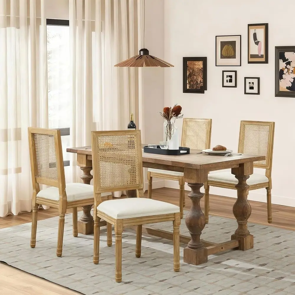 rench Dining Chairs Set o 4, Vintage Dining Chairs with Rattan Backrest, Wooden ehouse Chairs or Living Room, Kitchen, Restauran