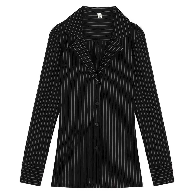 Black Striped Long Sleeve Blouses Women Korean Sexy V-Neck Slim Casual Shirts Y2K Fashion Elegant Office Lady All-match Midi Top