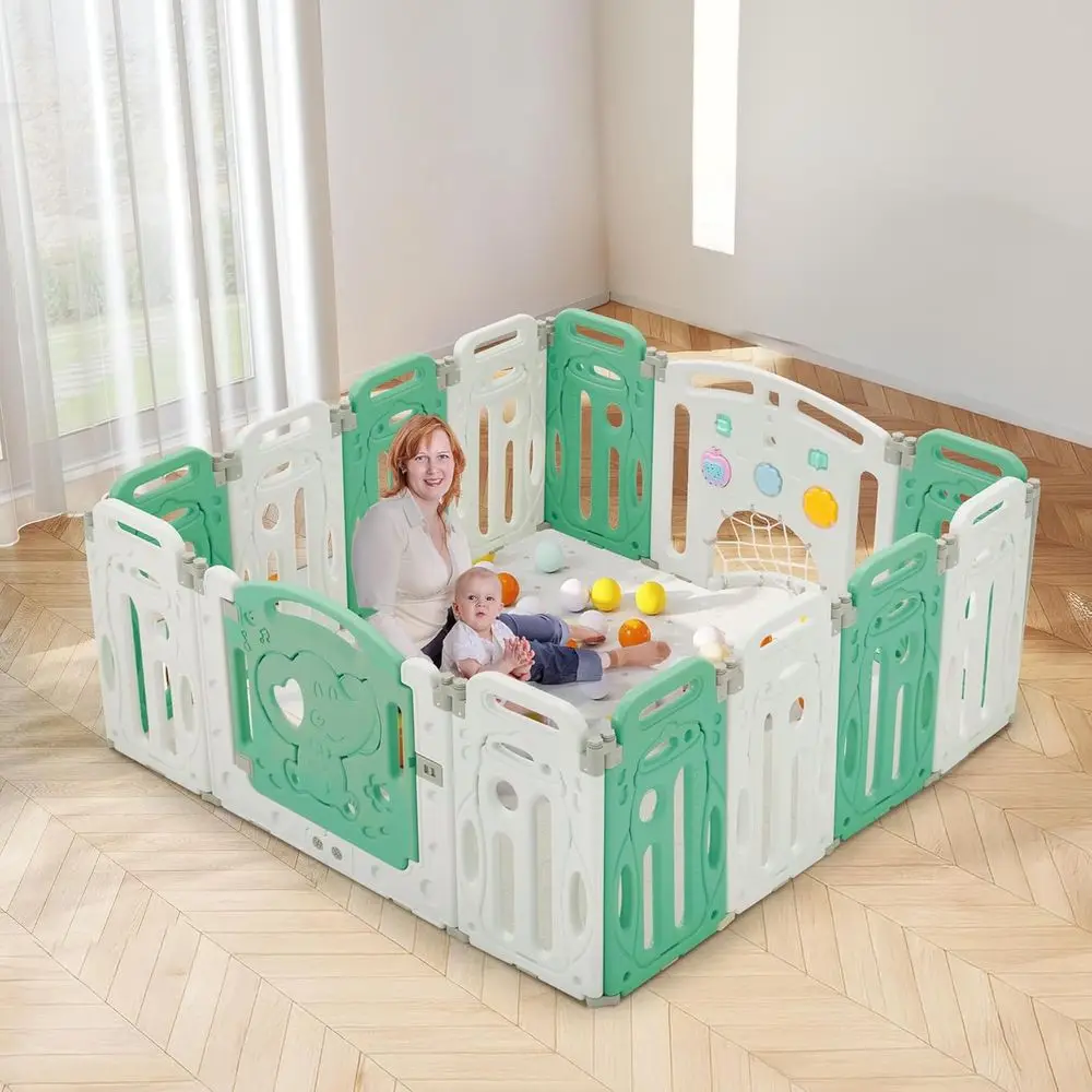 روضة بلاستيكية قابلة للطي مكونة من 14 لوحة مع باب قفل ومشغل موسيقى وهدف كرة القدم وتروس دوارة للأطفال والأطفال الصغار في Li #1