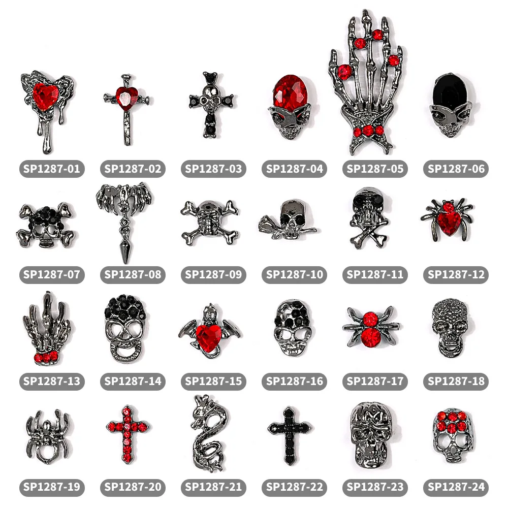 10pc gótico 3d halloween arte do prego decoração acessórios crânio escuro cruz aranha encantos para unhas design manicure decoração suprimentos