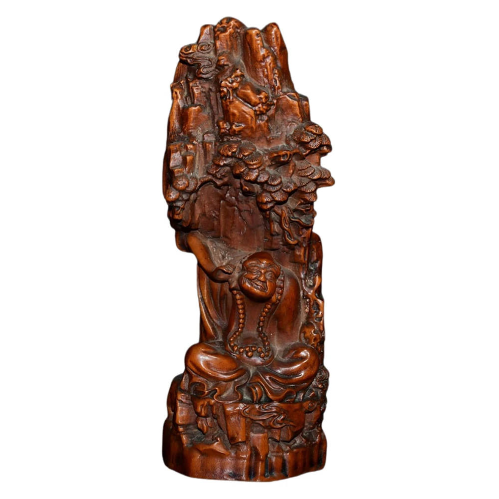Figurine en buis moine bouddhiste en bois couvrant les oreilles sculptées pleine conscience orientale sérénité paix détachement sagesse tranquilité