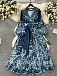 2024 nuovi abiti lunghi eleganti cintura Vintage con scollo a V in raso con maniche a lanterna in vita vestito da donna da sera sottile Plus Size