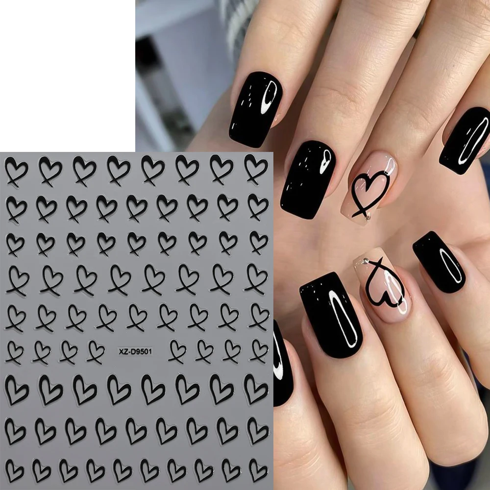 8 feuilles 3D mignon amour coeur autocollant pour ongles rose noir blanc argent or Graffiti coeur ongles décalcomanies auto-adhésif 8*10 cm décoration des ongles