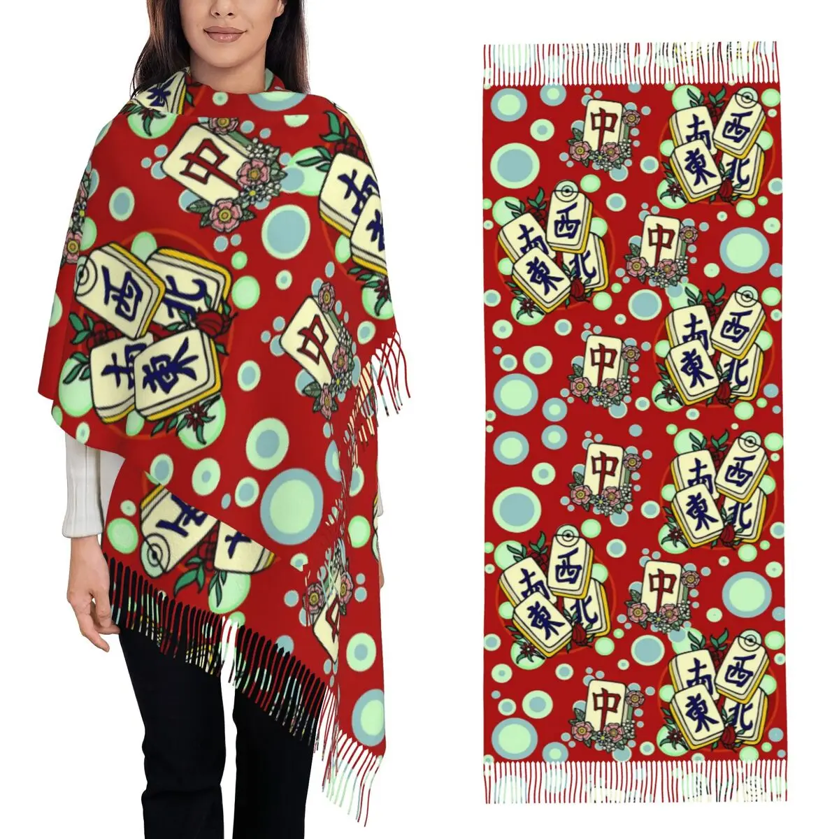 

Шарф с рисунком маджонга, шарфы с кисточками для женщин, мягкие теплые шали и накидки, большая осенне-зимняя шаль