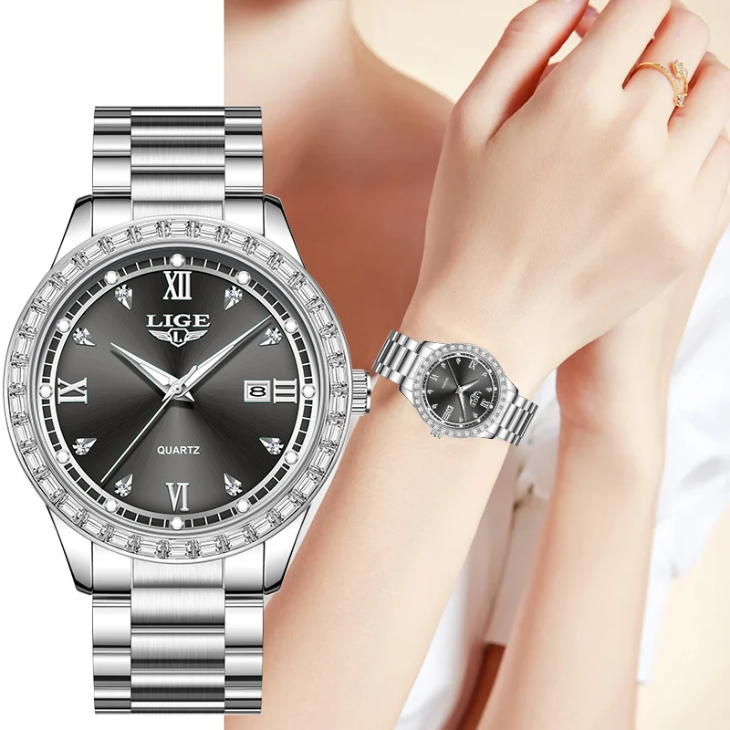LIGE Elegant Luxury Watches Top Brand Fashion Classic Steel Band Diamond Dial Waterproof Calendar Quartz Women's Wristwatch Gift