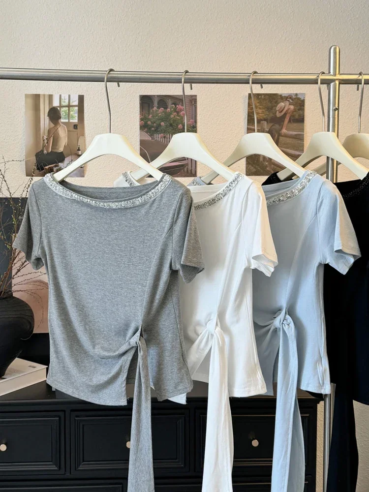 

Летняя женская футболка с коротким рукавом, однотонная, повседневная, с разрезом по низу, асимметричный дизайн, модный топ