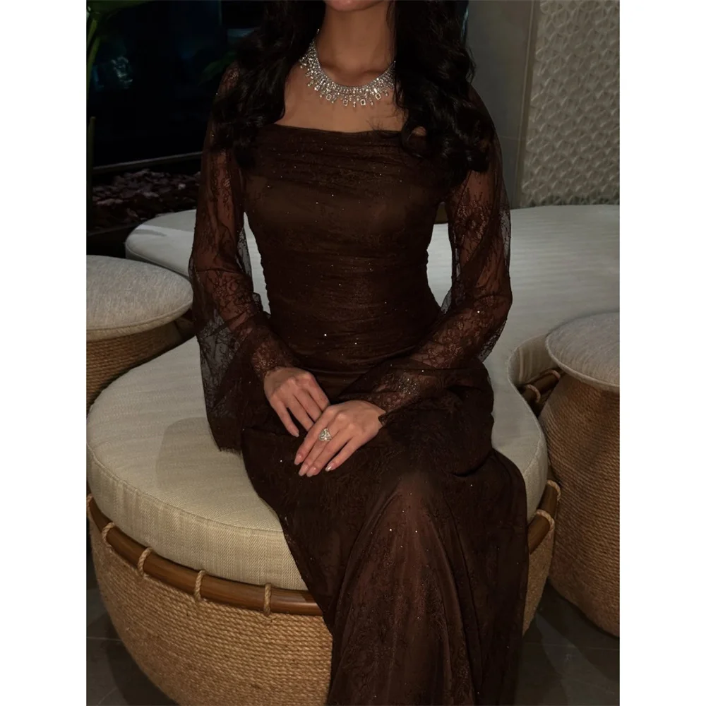 

Customized Brown Luxury Women's Elegant Party Dress Lace Embroidered Long Sleeves Square Collar Evening Dresses Brands Prom