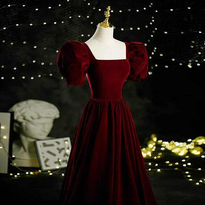 Customized  Velour Evening Dress Wine Red Classic Vintage Princess Puff Sleeve A-line Long Prom Formal Gowns for Women Vestidos