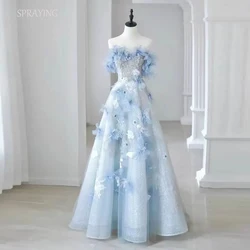 SPRAYING Blue Wedding Shooting Dresses A-line Draped Handmade Flowers Bridal Gown Floor-Length Evening Dresses 2024