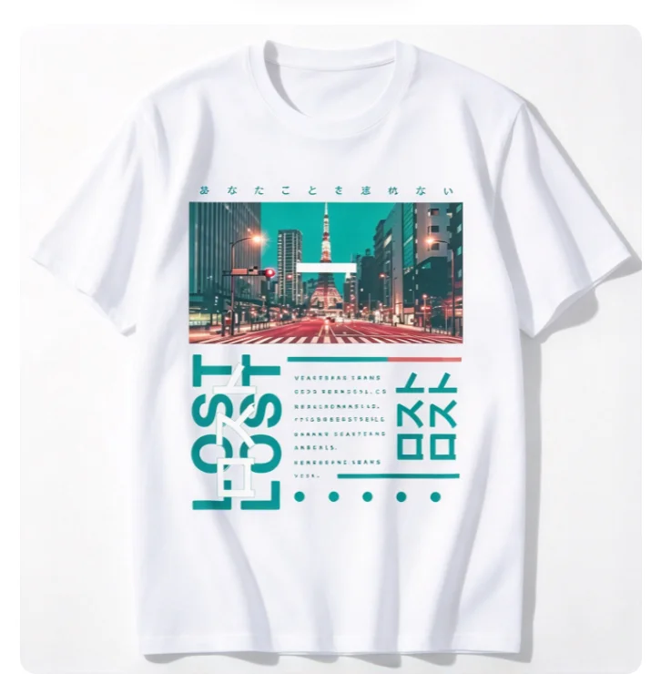 2026 new City Night View Building Graphic Japanese Letter Print Short Sleeve Tees Loose Crew Neck Black Streetwear Tops For Male
