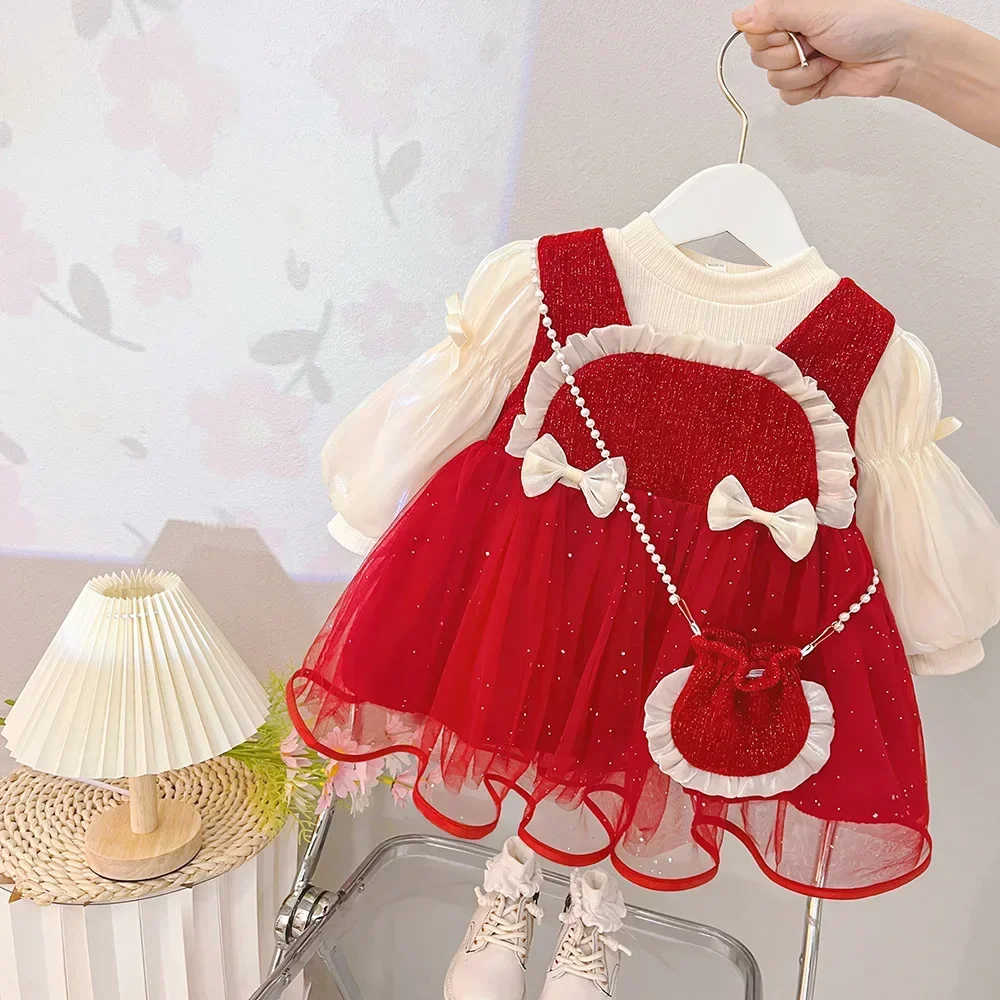 Autumn Toddler Winter Baby Girls Dress Kids Red Christmas New Year Plush Warm Dress Infant Clothing Set Top+skirt For 1-4 Years