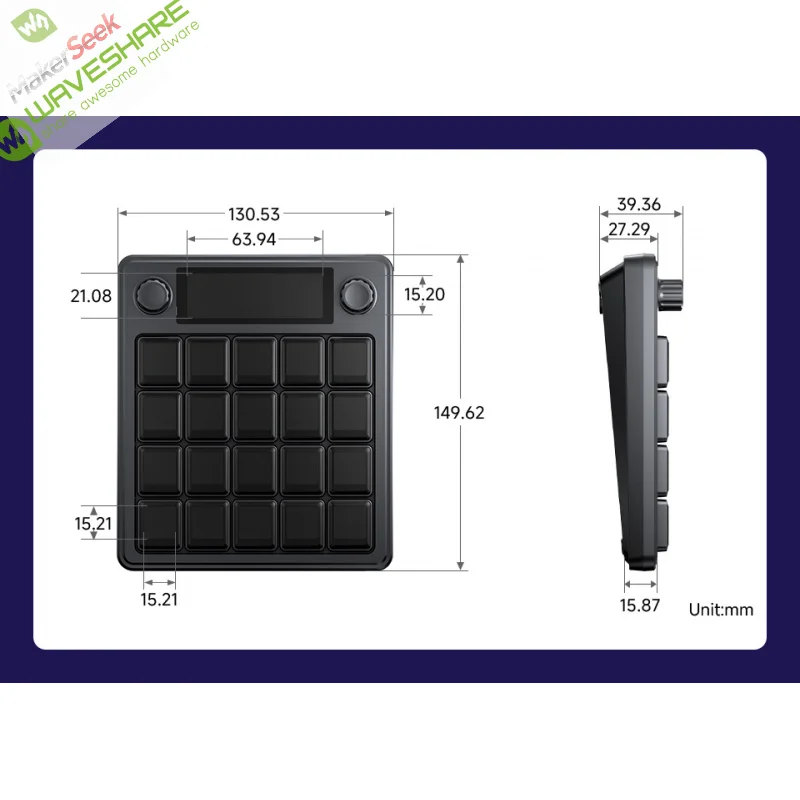 

SKU-32843 Waveshare MK20 Multi-Functional AI Voice Control Panel, Onboard 20 × 0.85inch Mechanical LCD Macro Keys And