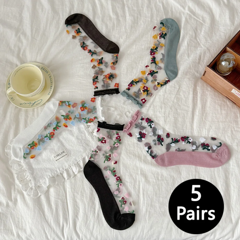 

5 Pairs Women Ladies Embroidery Crystal Silk Socks Summer Ultra-thin Transparent Vintage Lace Floral Socks Women Sweet Comforta