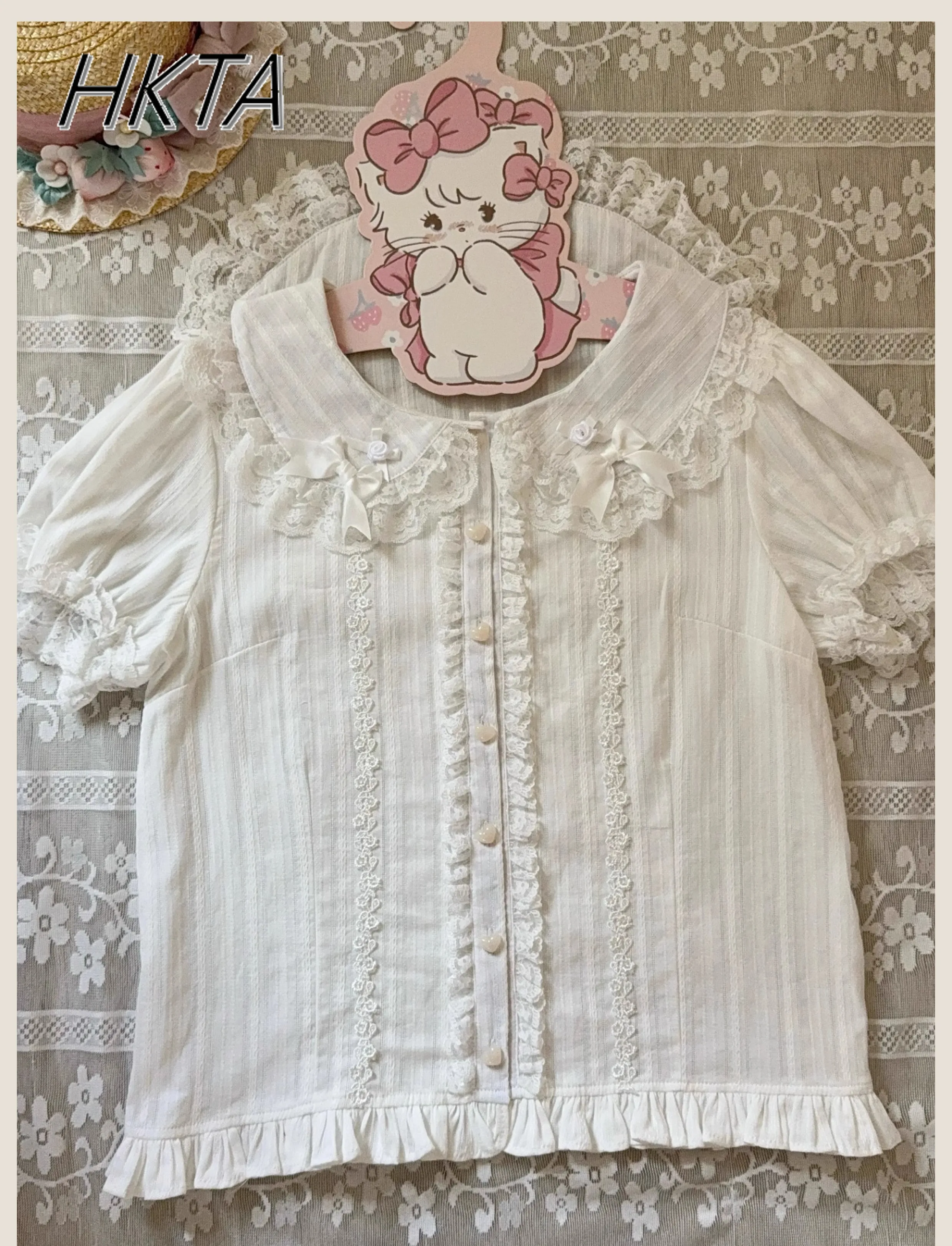 Kawaii Lolita interior tridimensional flor muñeca Collar encaje algodón dulce camisa mujeres hongo versátil Color sólido blusa Top