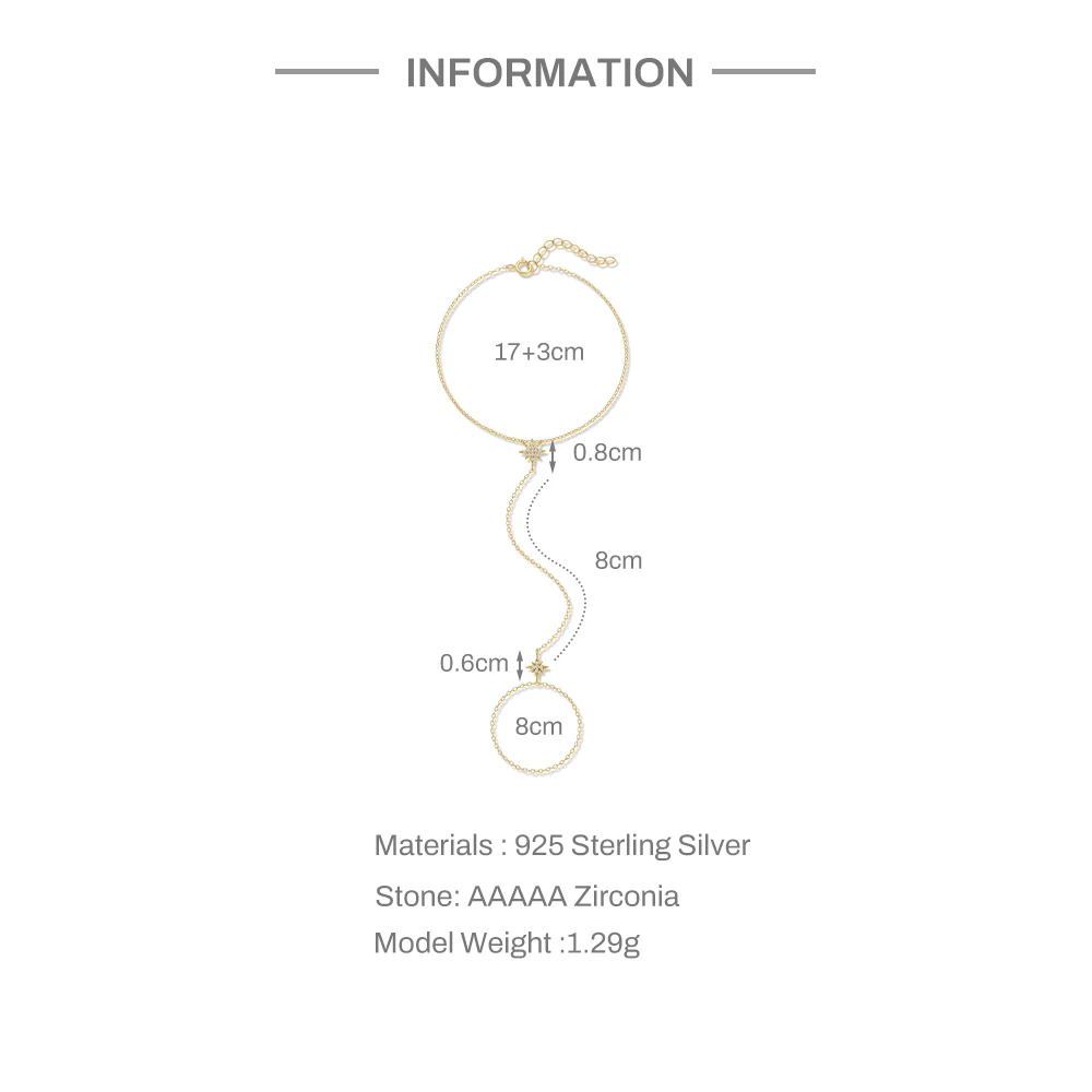 CANNER 925 Sterling Silver Eight-pointed Star CZ Hand Chain Finger Ring Bracelet For Women INS Bracelet pulseras de plata 925