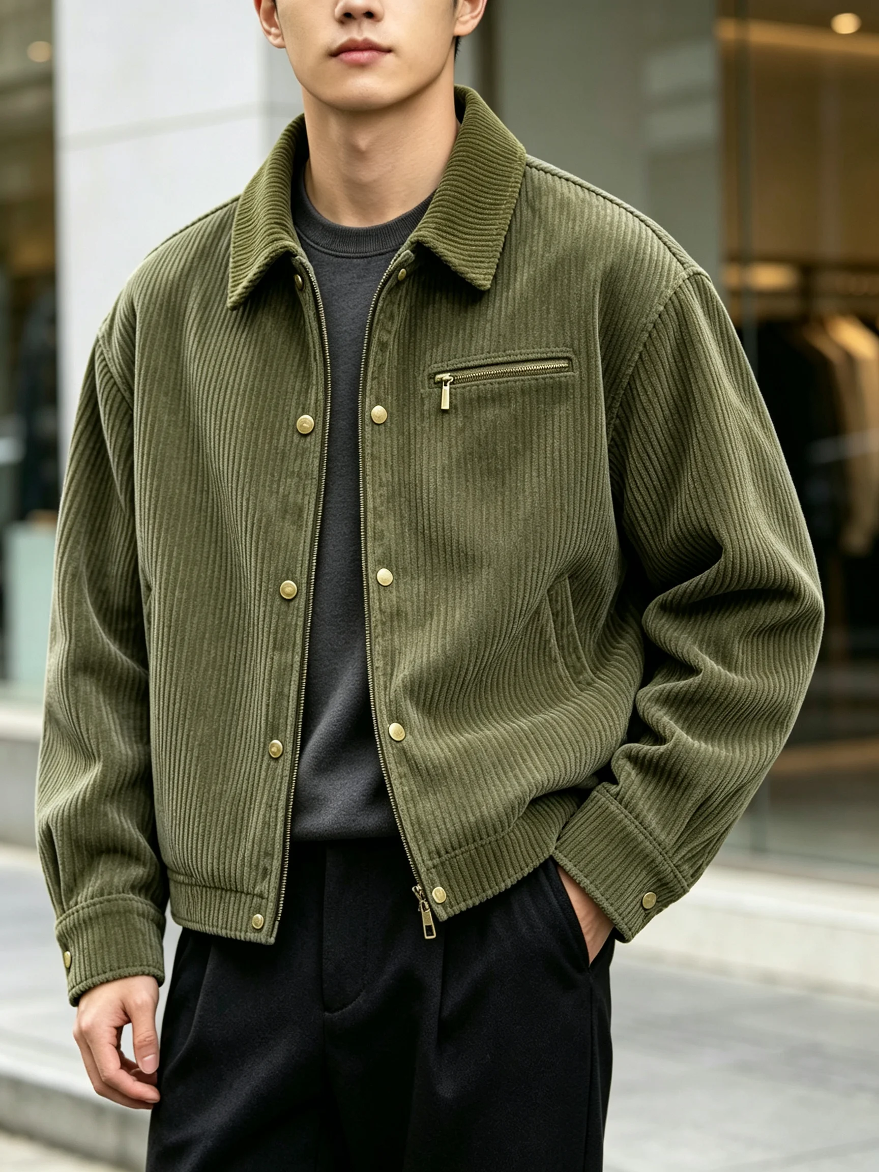 Herren-Cordjacke mit Kontrastfarbenkragen, Reißverschluss vorne und Knopfleiste, lässiger, langärmliger Trucker-Mantel für den täglichen Gebrauch im Herbst. – Detail 2