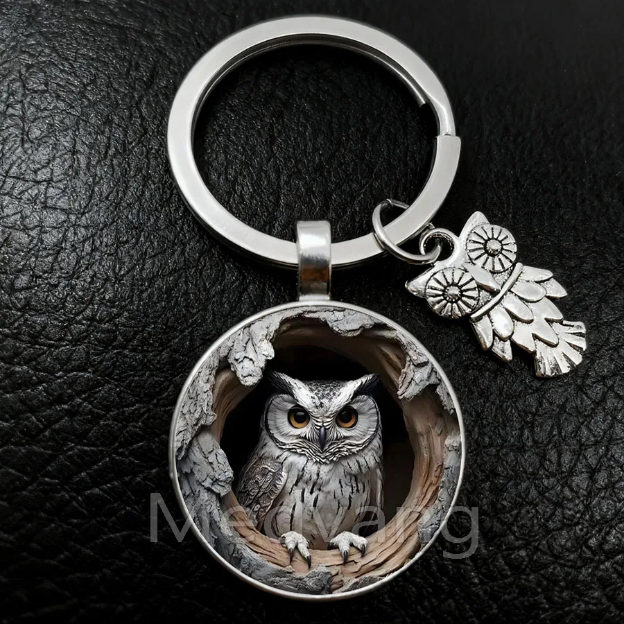 Retro coruja chaveiro charme coruja padrão retro vidro convexo chaveiro criativo masculino e feminino saco de carro pingente jóias