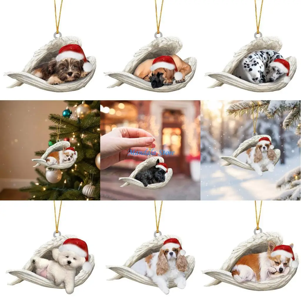 

U2JC Angel Dog Car Hanging Ornament Shatterproof Acrylic Christmas Tree Decoration For Festival Tree Wreath Car Interiors