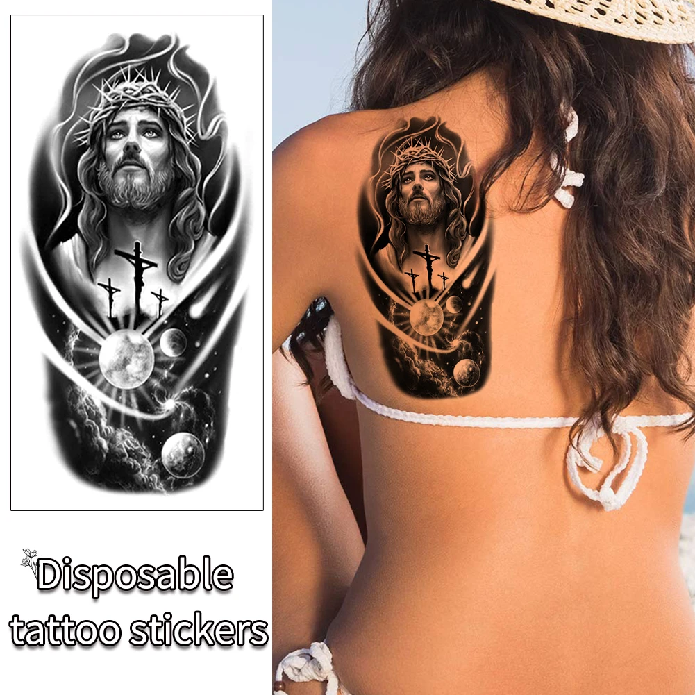 6pcs Body Tattoo Sticker Water Transfer God Monster Jesus Temporary Tattoos Waterproof Arm Legs Back for Men Women Couple