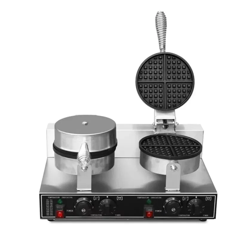Commercial Double Head Electric Waffle Maker Stainless Steel Round Cake Iron 2.5KW for Cafe Restaurant Bakery Kitchen
