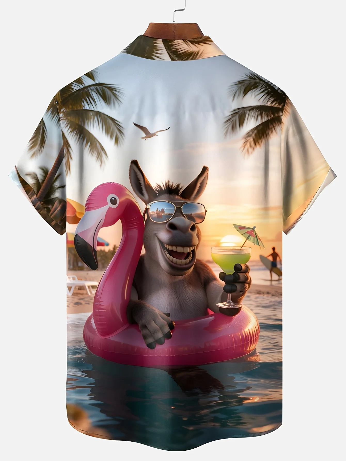 Cool Cartoon Donkey With Sunglasses Flamingo Float Print Men Short Sleeve Hawaiian Shirt Mens Casual Wear