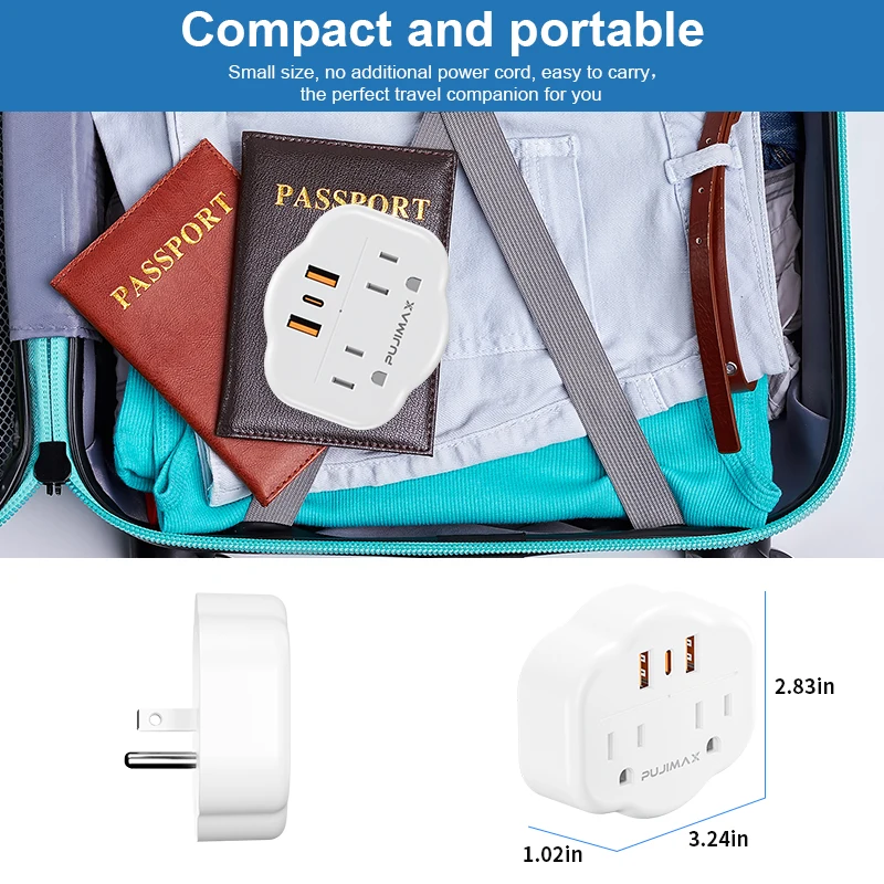 PUJIMAX Multi Plug Outlet Extender With USB, Electrical Wall Outlet Splitter with 3 USB Ports and 2 Outlet, For Travel,Office