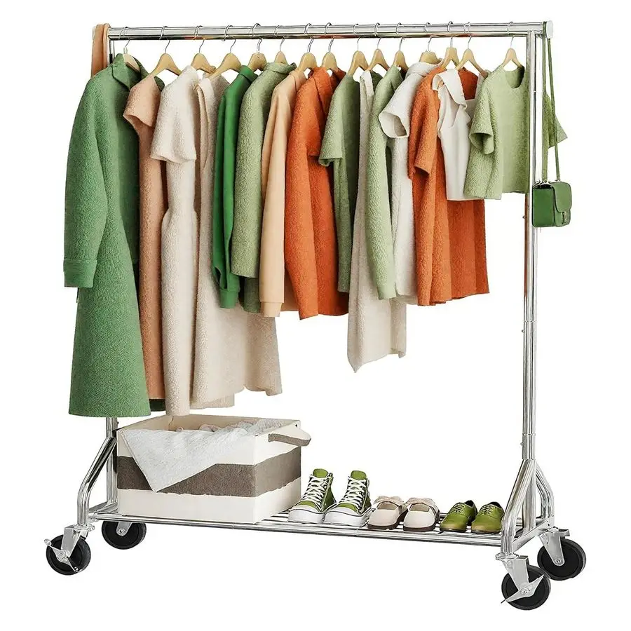 

Duty Rolling Clothes Rack with Wheels and Shelves, 450 lbs Capacity, Portable Garment Rack for Hanging Clothes, Standing Wardrob