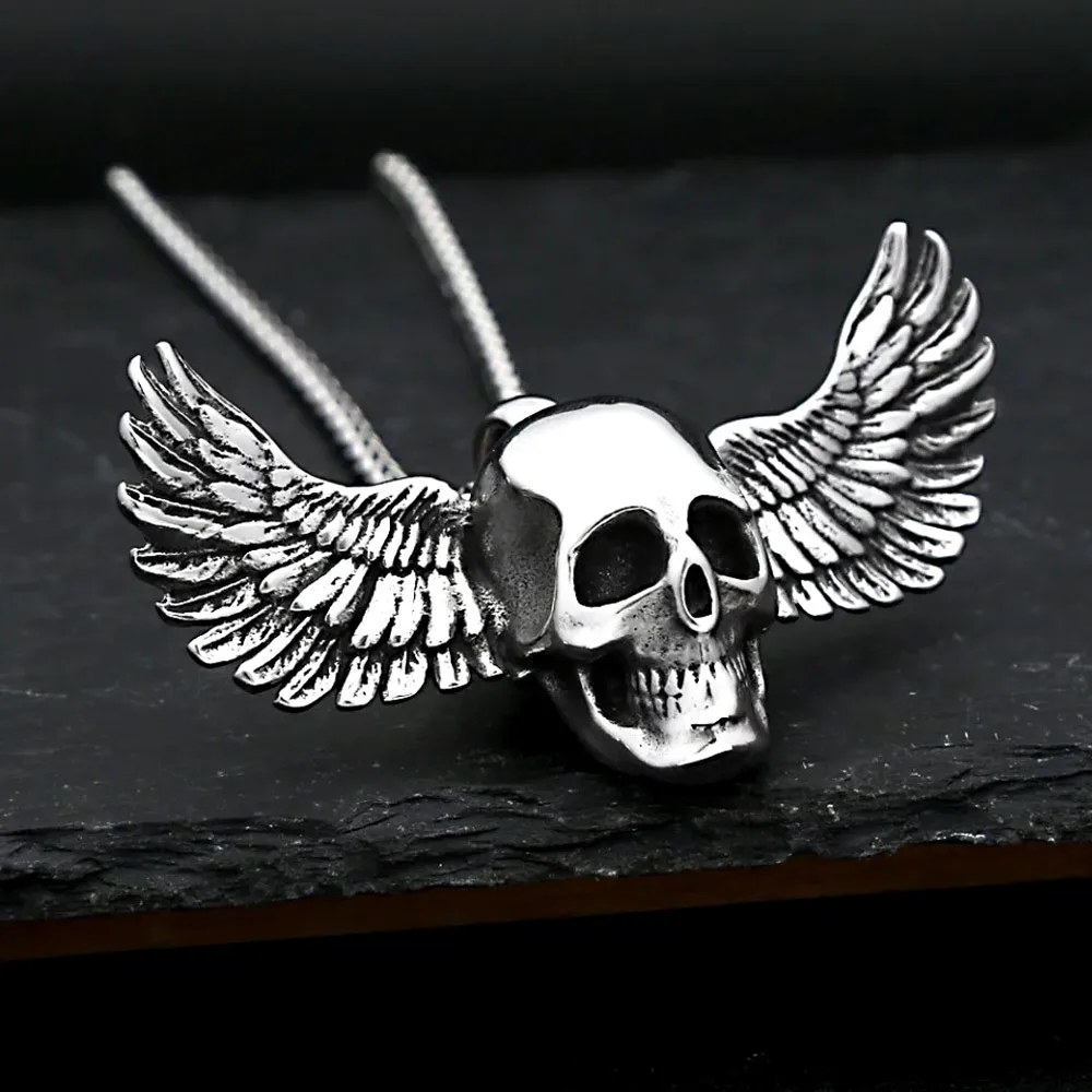 Two Tone Fallen Angel Wings Skull Pendant Necklace Stainless Steel Classic Punk Hip Hop Trend Fashion Jewelry Party Gift For Men