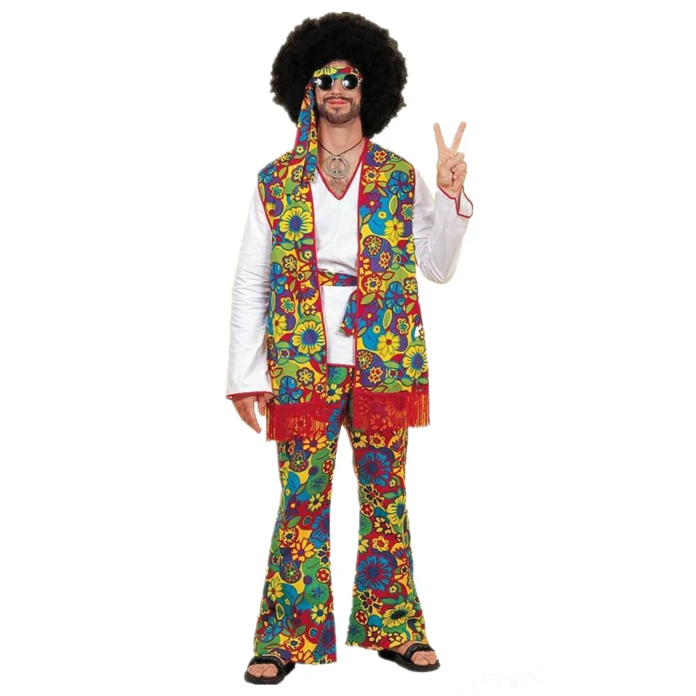 Adult Man Retro 60s 70s Hippie Costume Halloween Carnival Party Bar Nightclub Disco Hippies Cosplay Fancy Dress Suit Fancy Dress