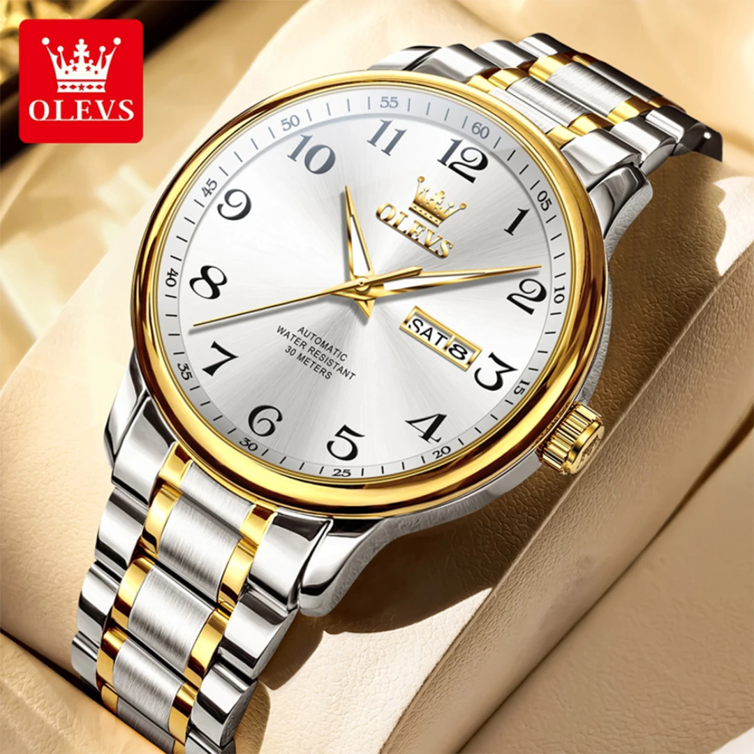 

Классические механические часы OLEVS 7072, подарок, ремешок для часов из нержавеющей стали, наручные часы с круглым циферблатом, календарь с дисплеем недели