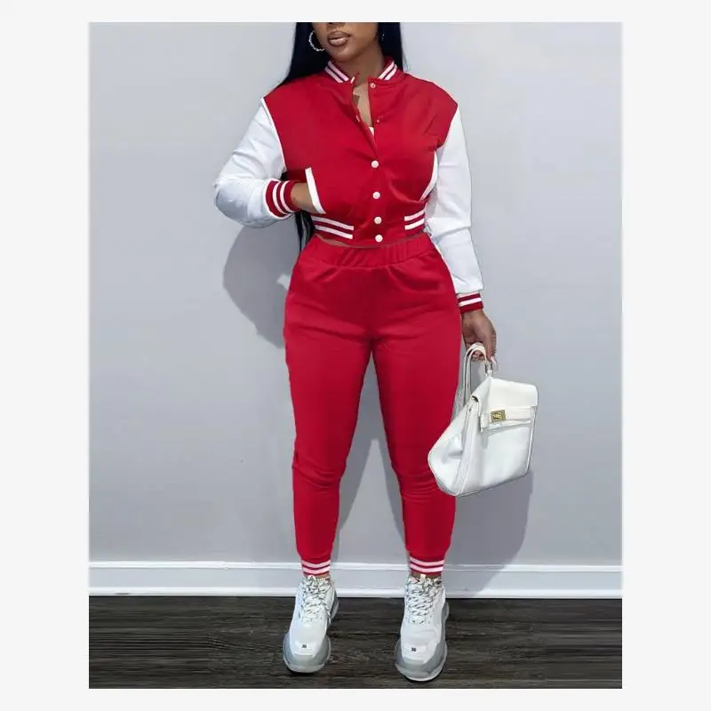 

Long Sleeve Bomber Jacket And Striped Trim Pants Set Women's Fashion Ensemble Two-Piece Suit Polyester Material Spring 2024