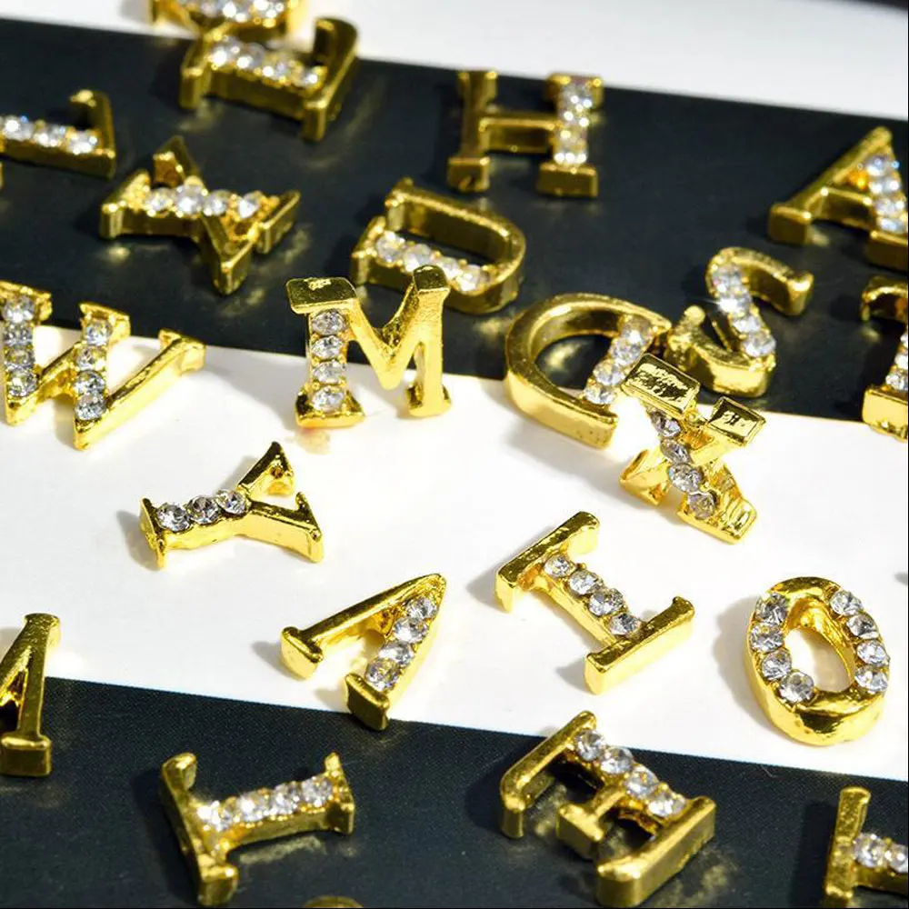 10/26pcs Bright Gold English Letter Nail Art Charm 3D Alloy Studded Letters Nail Decor Parts DIY Japanese LZ Nail Accessories