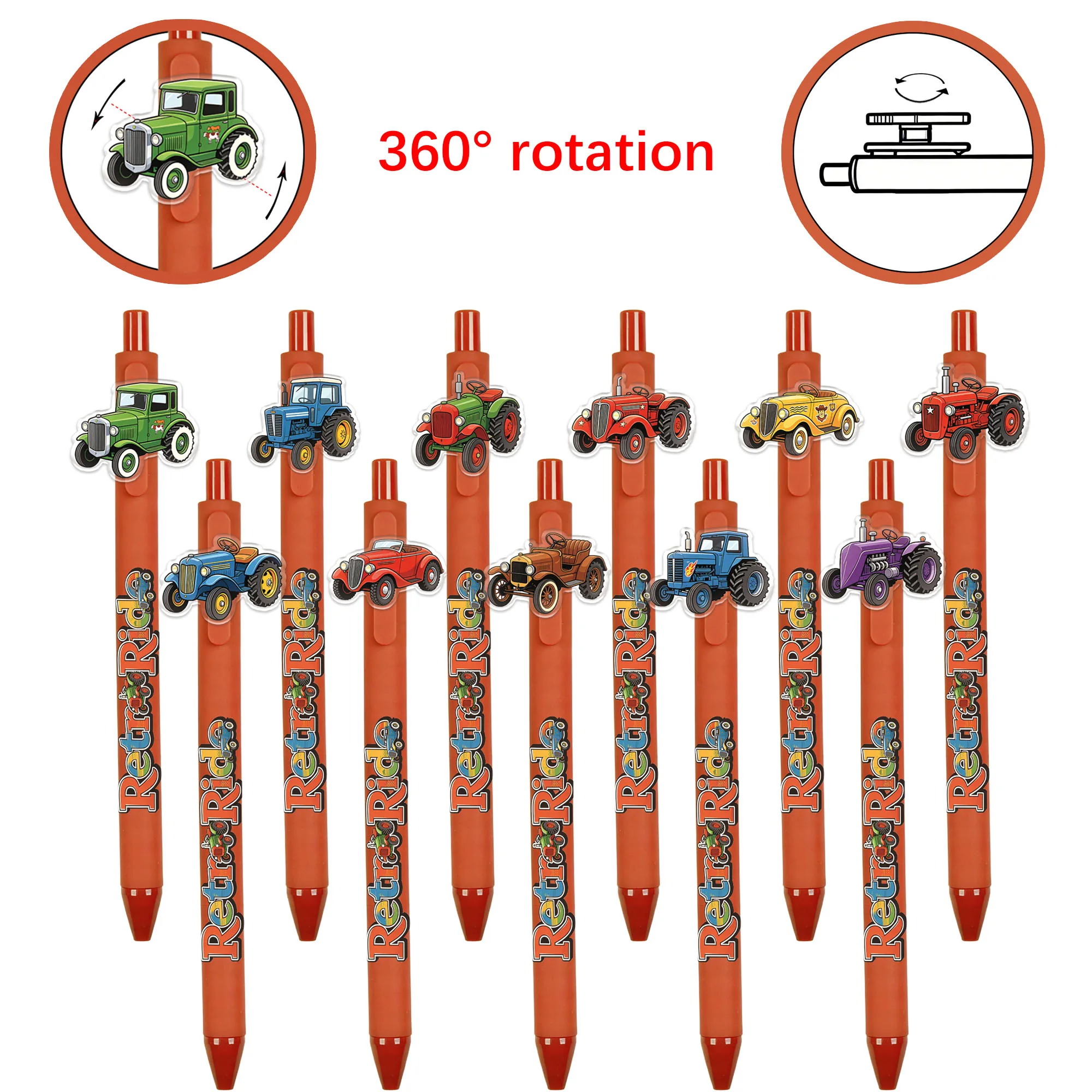

11 pieces of retro car-themed ballpoint pens. Orange-red appearance signature pen. Random patterns.