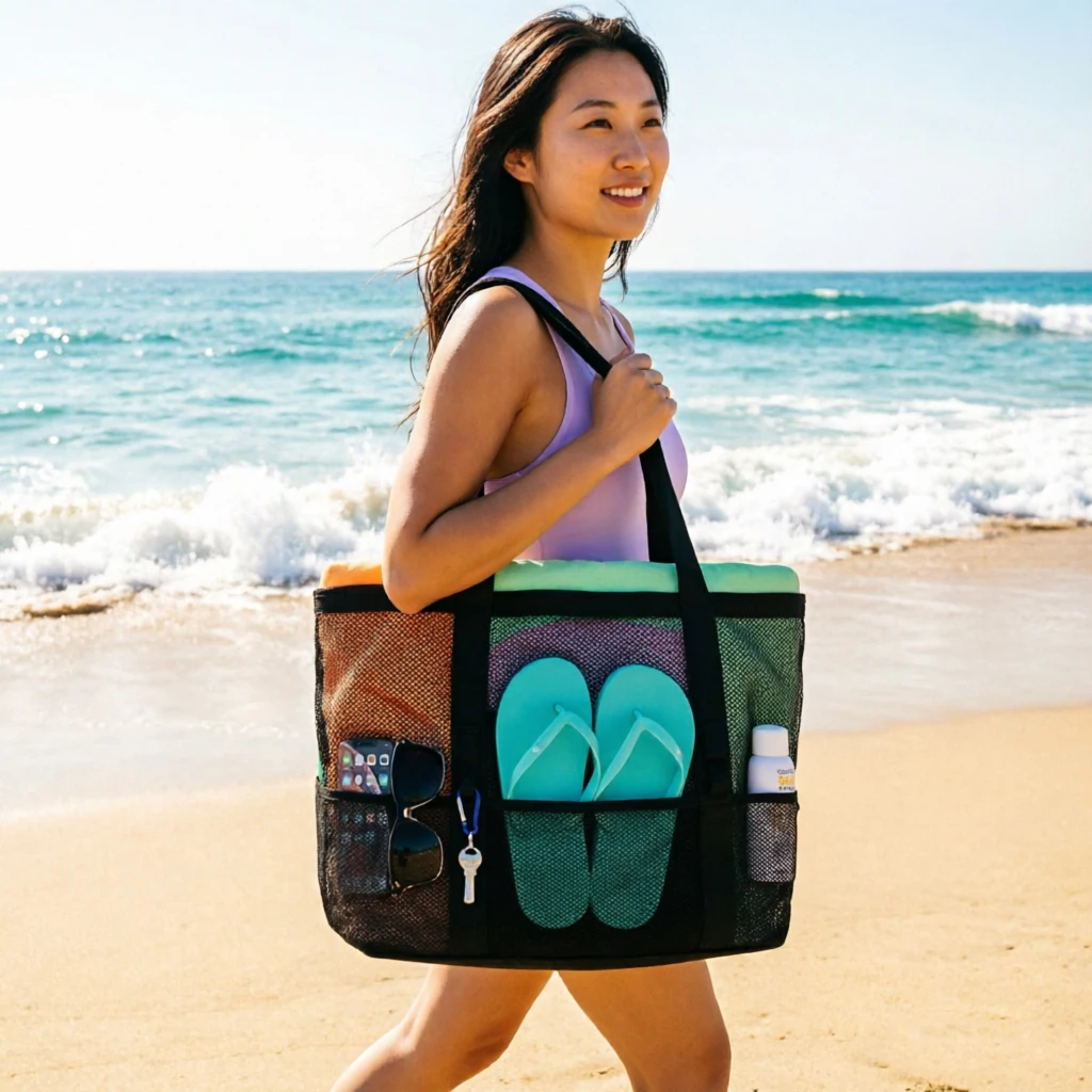 Macaron Colored Large Capacity Breathable Mesh Beach Bag Suitable for Beachside Toiletries And Swimsuit Storage