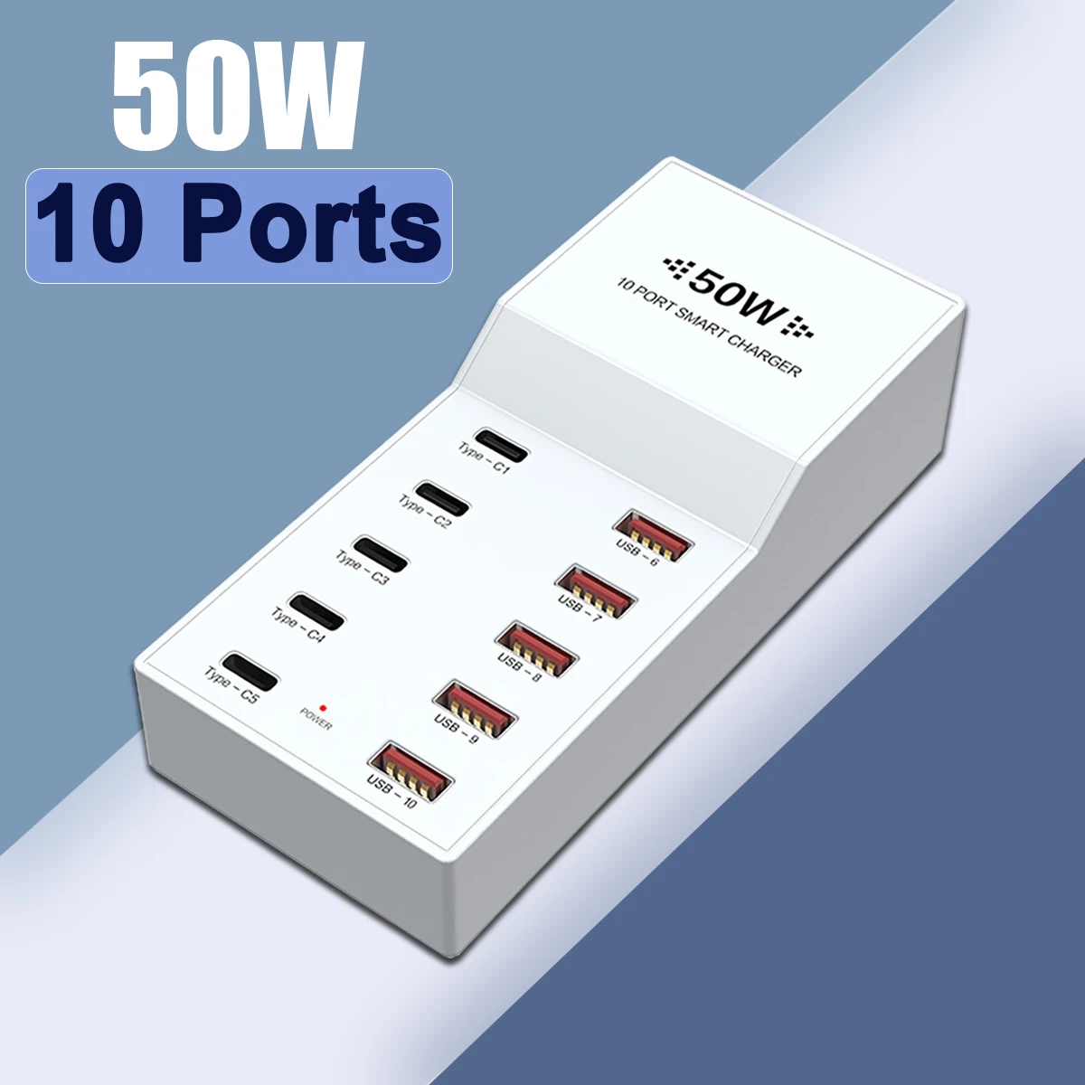 White 50W 5-Ports USB-A+PD QC 3.0 5-Prots Fast Charger Station For Android Apple mobile phone and Ot