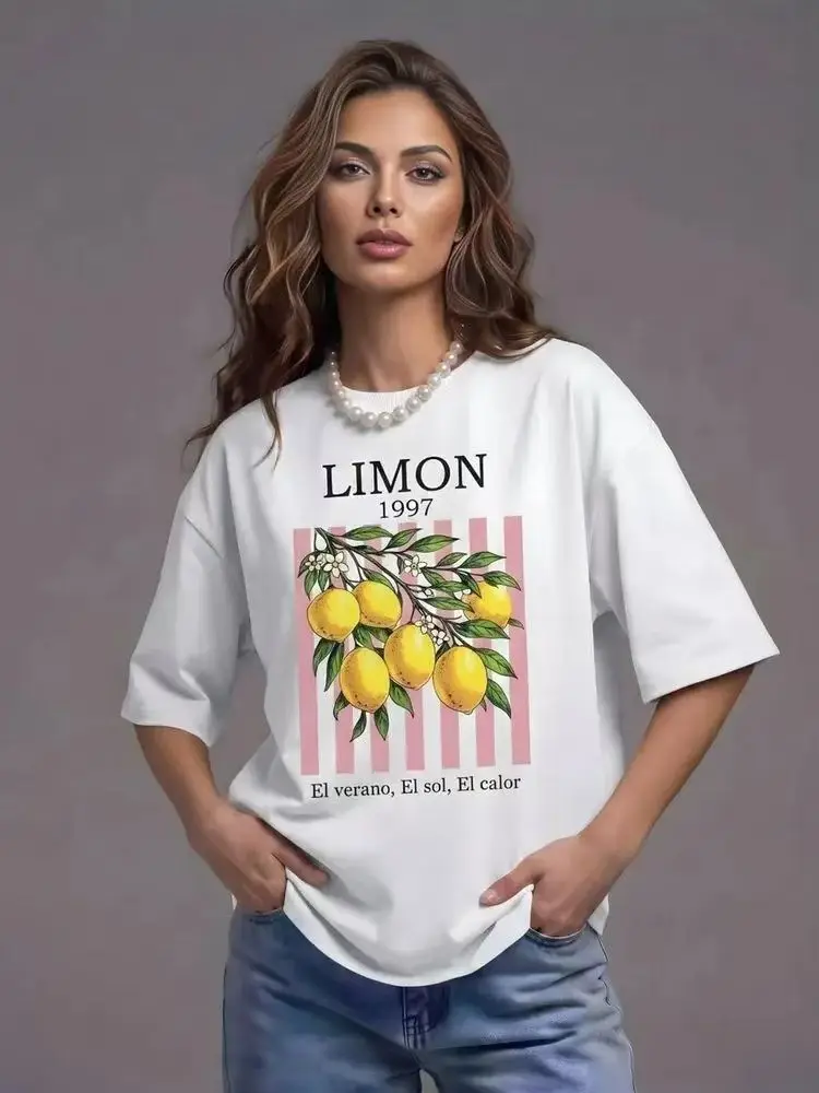 Lemon Fruit Print T-shirts Cotton Women Graphic Tops Vintage Aesthetic Botanical Streetwear Shirt Cottagecore Clothes Oversized