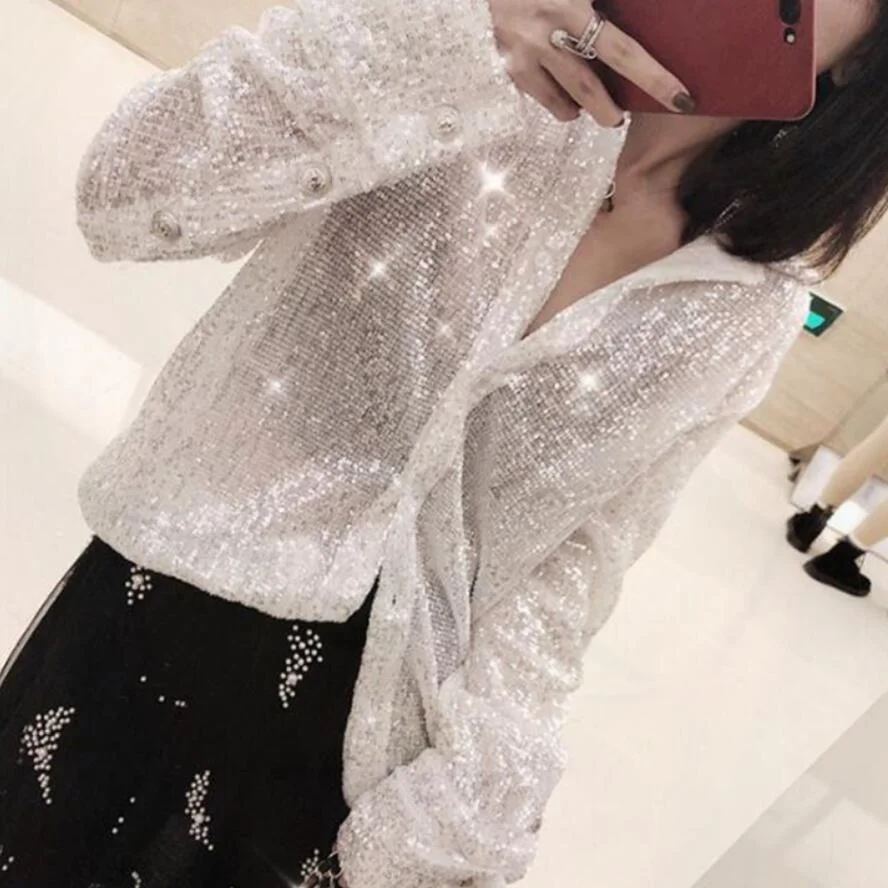 Ladies fashion sequined Shirts Loose Beading Cardigan lapel metal buckles long Lantern sleeve loose Sequins Blouses jacket Coat