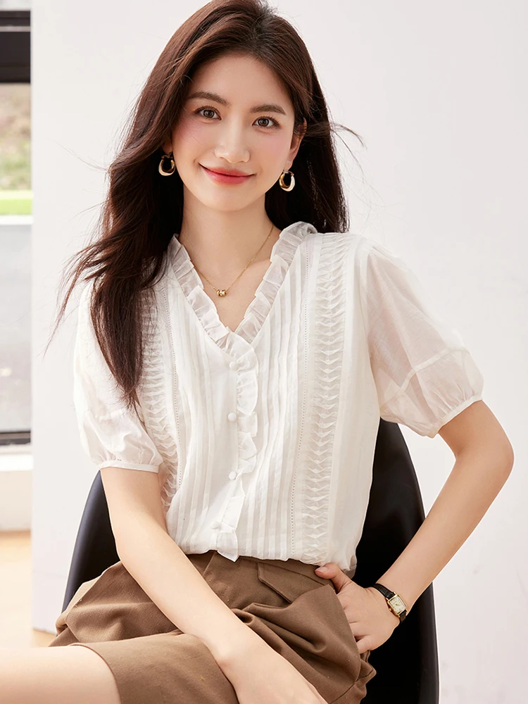 Summer New Women Elegant Simple Shirts Solid Color Tender Loose Design Streetwear V-neck Puff Sleeve Chic Top