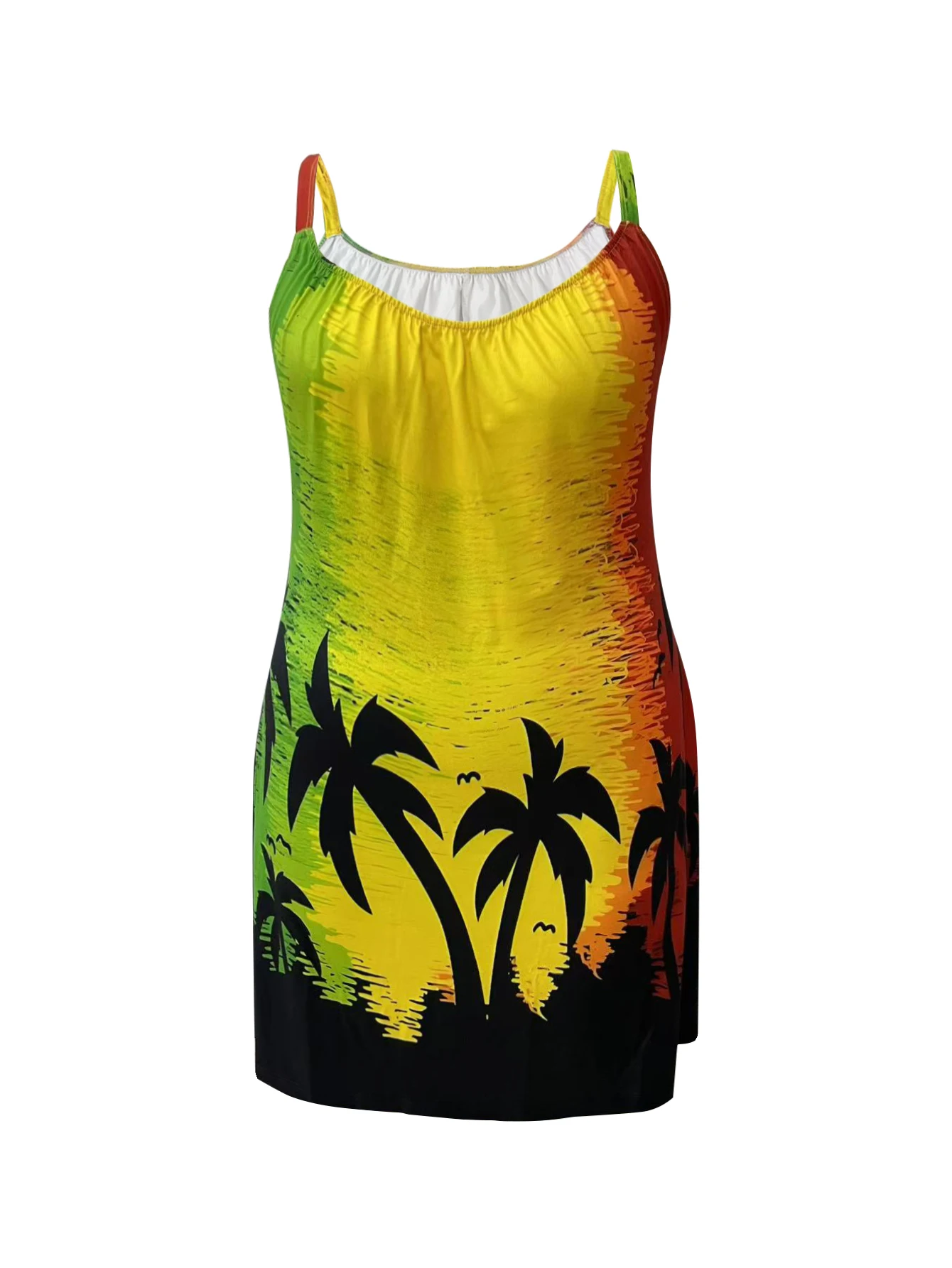 Plus-size women's fashion beach style coconut tree silhouette printed off-shoulder camisole dress