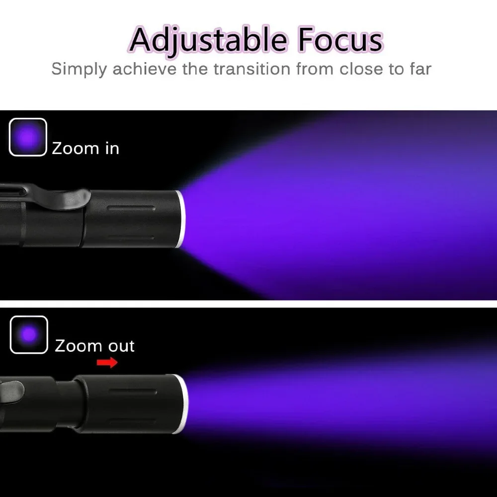 UV Flashlight 395nm Black Light Pen Lights Zoom Ultraviolet Mini Torch Pen Flashlight UV Light Detector for Urine Stains