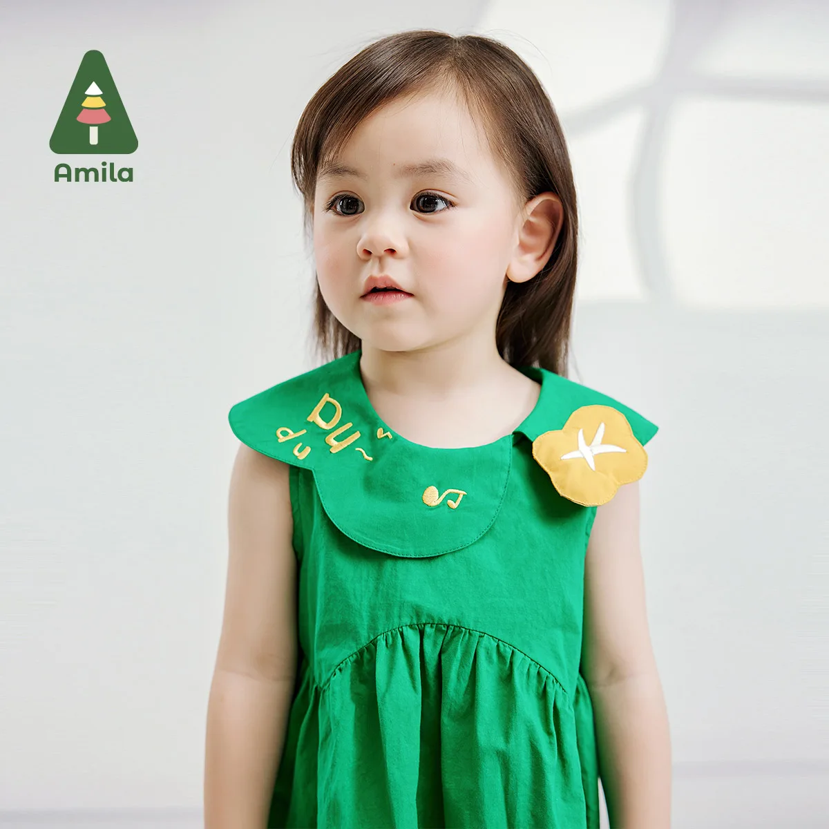 Amila Baby Girls Dress Summer 2024 New 100% Cotton Sweet Solid Color Doll Collar Flower Decorated Dress Kids Clothing 0-6Y