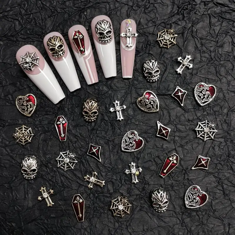 10pcs Vintage Silver Gold Skull Spider Cross Heart Nail Charms Art Decorations DIY Accessories