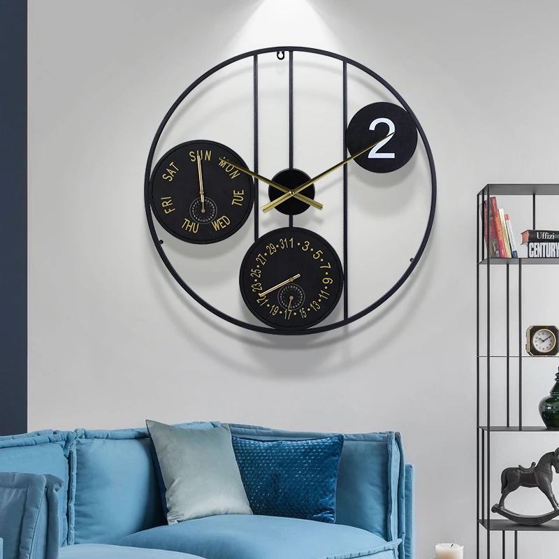 60*60cm Light luxury Wall clock Iron art creative date week time three Pointers simple wall hanging clock living room clock