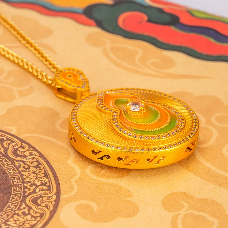 Women's 2026 Chinese Style Gourd Pendant Necklace Copper Gold Plated Inlaid Rhinestone Enamel Tarnish Resistant Sweater Clavicle
