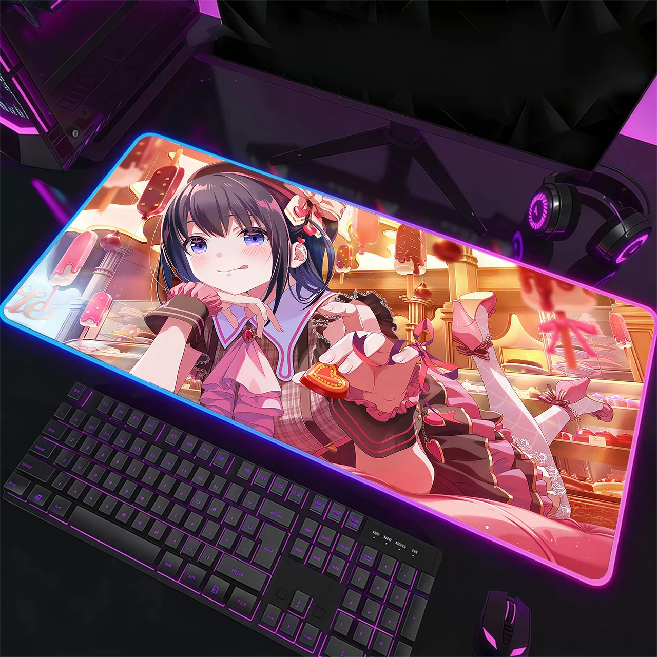 RGB Gaming Mouse Pad, XXL LED Desk Mat, Glowing Edge, Anti-slip Base, Black Hair Girl Candy Shop Heart Chocolate Print Table Mat